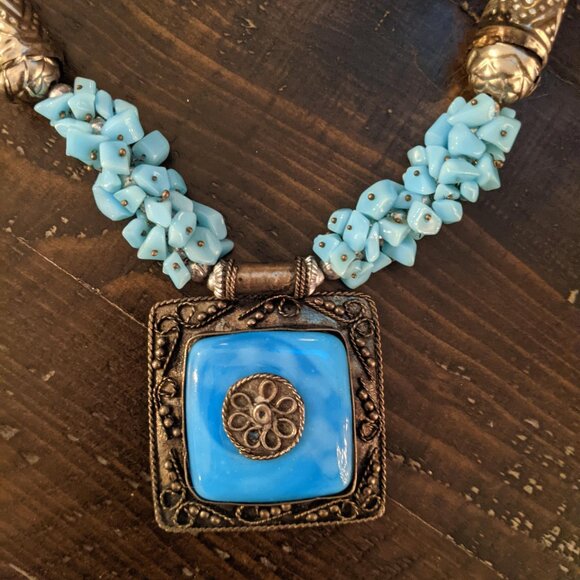 Vintage Western Blue Statement Necklace Square Pendant Boho Cowgirl Chunky Beads - Picture 2 of 6